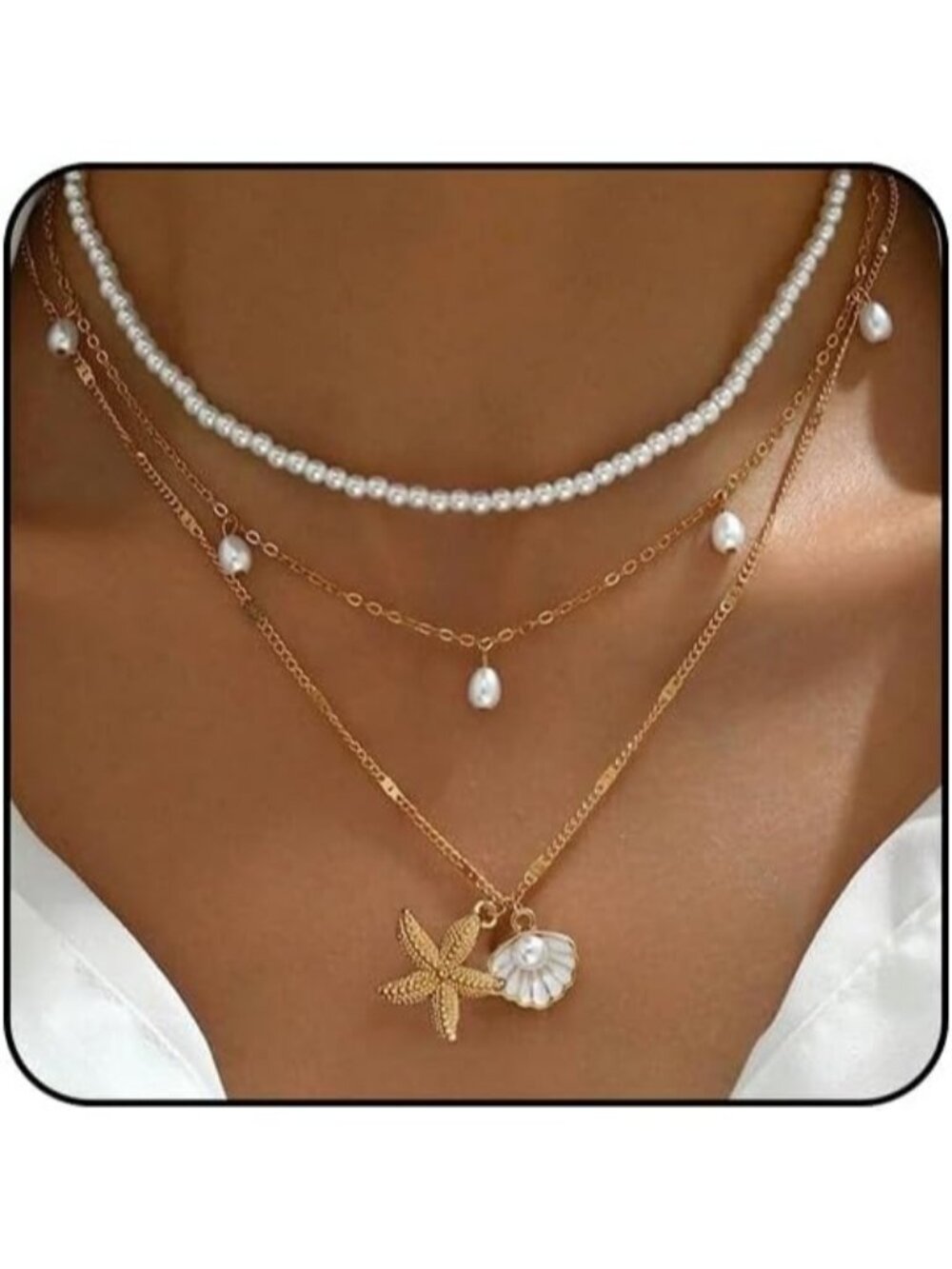 Women's 3 Layer Gold Silver Starfish Pearl Seashell Cowrie Shell Beach Necklace